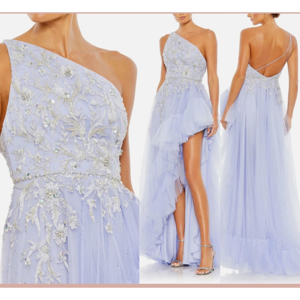 Mac Duggal Dress Womens 4 Blue One Shoulder Embellished Hi Low Gown Asymmetrical